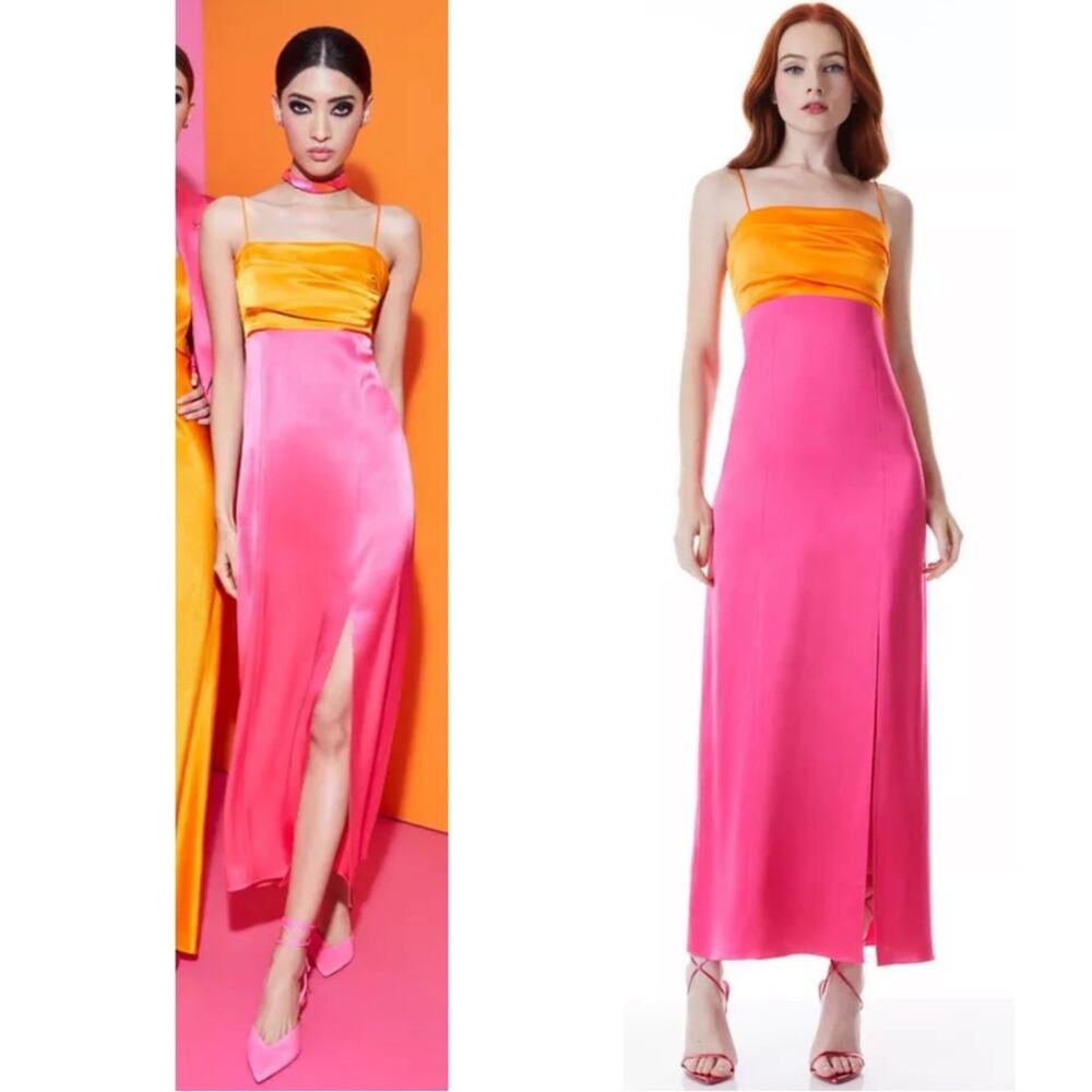 ALICE + OLIVIA Lilita Two Tone Satin Ruched Pink and Orange Maxi Dress Sz 0